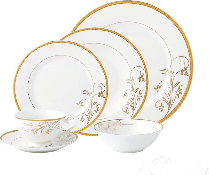 Lorren Home Trends La Luna 57-Piece Bone China Dinnerware Set – 24K Gold Floral Design, Service for Eight Description: