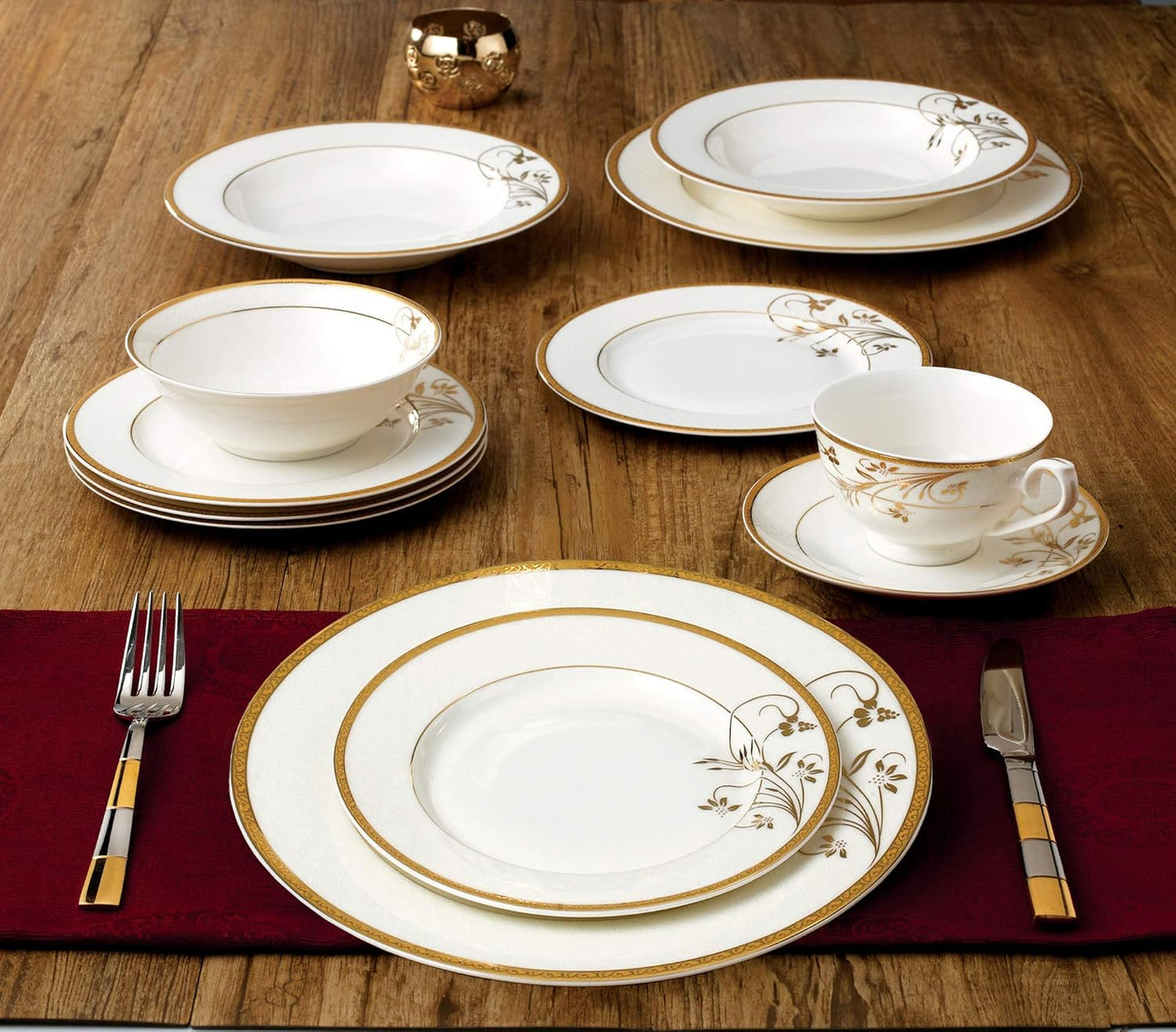 Lorren Home Trends La Luna 57-Piece Bone China Dinnerware Set – 24K Gold Floral Design, Service for Eight Description: