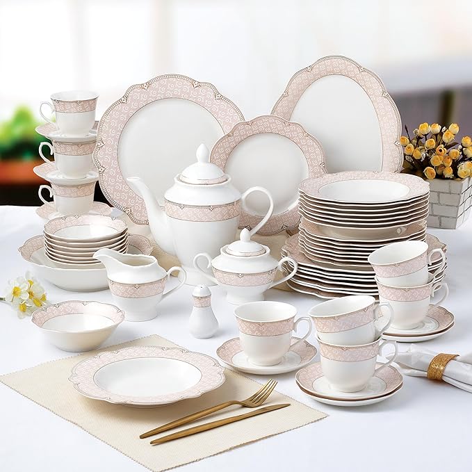57-Piece Bone China Dinnerware Set – Blush Pink & Gold, Service for Eight