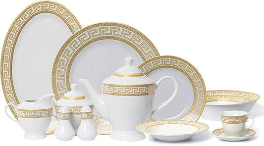 57-Piece Banquet Dinnerware Set – Gold Greek Key Luxury Service for Eight