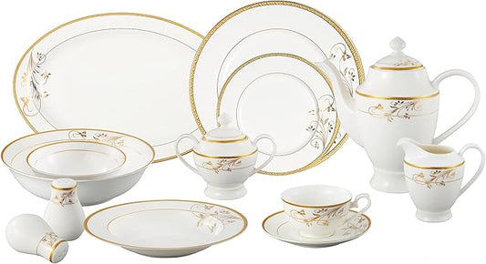 Lorren Home Trends La Luna 57-Piece Bone China Dinnerware Set – 24K Gold Floral Design, Service for Eight  Description: