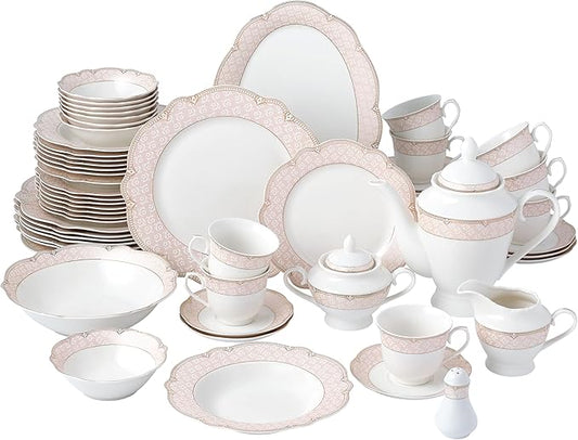 57-Piece Bone China Dinnerware Set – Blush Pink & Gold, Service for Eight