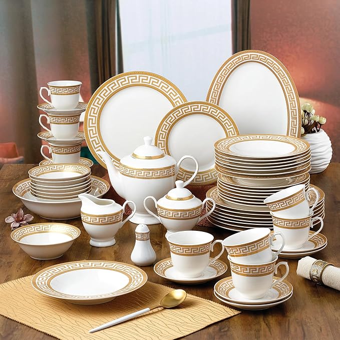 57-Piece Banquet Dinnerware Set – Gold Greek Key Luxury Service for Eight